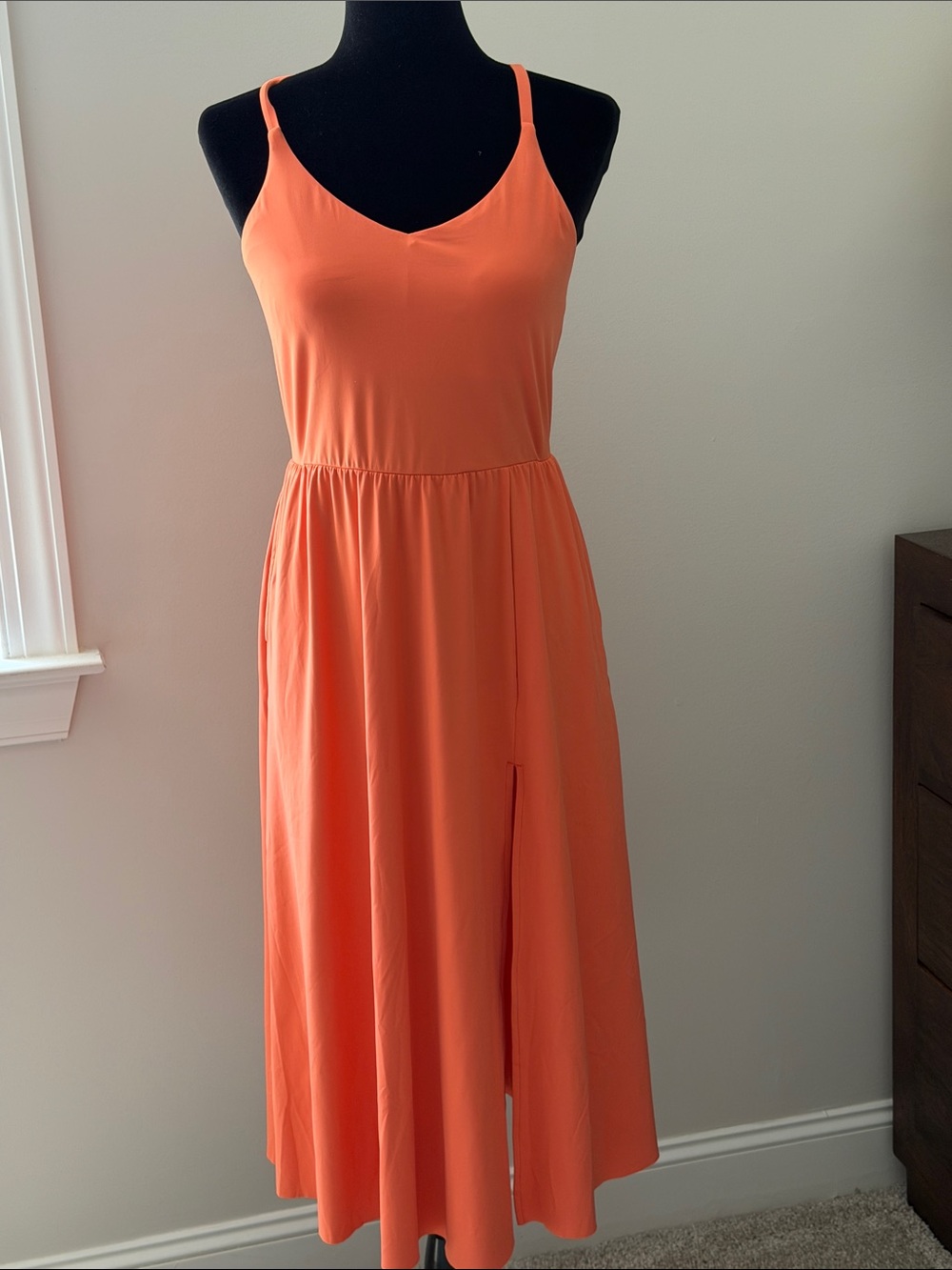 HALARA Orange V-Neck Spaghetti-Strap Midi Dress